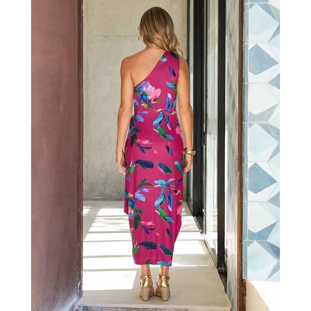 Boston Proper Women’s Pink Floral Multi Watercolor Abstract Print One Shoulder T - Picture 4 of 14